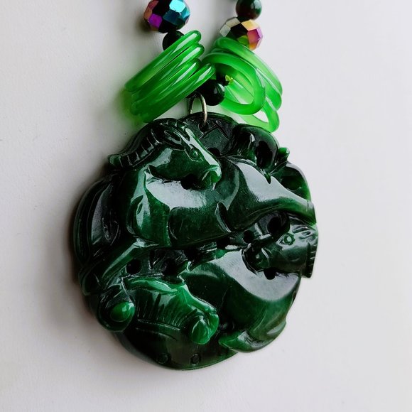 One of Kind Necklace Wild Horses Jade Stone RARE Glass Rings - Picture 1 of 6
